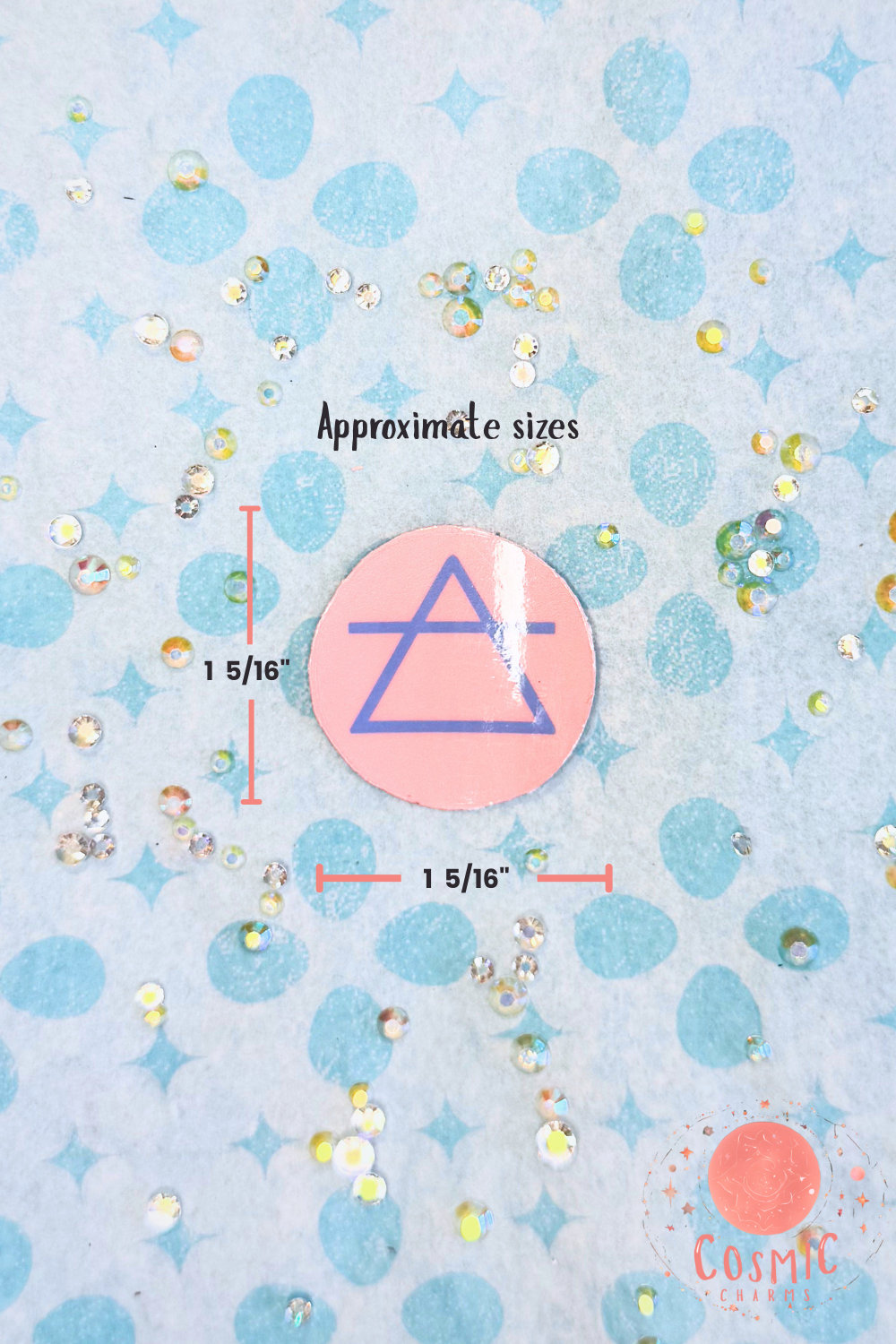 Pastel Pink Background with Baby Blue Image Glossy Air Element Sign Sticker Top View with Measurements for Size Reference 5/16" x 1 5/16"