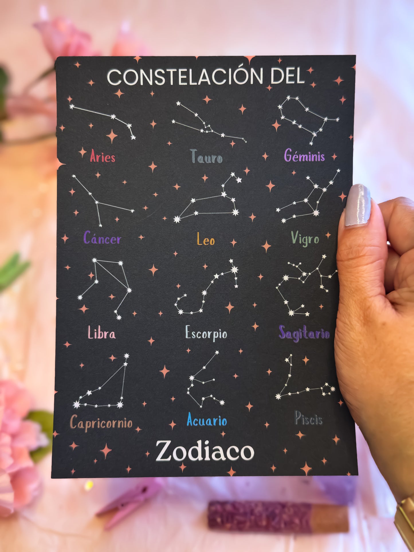 Astrology wall art with constellations on a bold black background, held by hand, designed by Cosmic Charms.