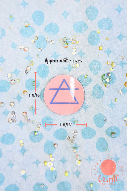 Pastel Pink Background with Baby Blue Image Glossy Air Element Sign Sticker Top View with Measurements for Size Reference  5/16" x 1 5/16"