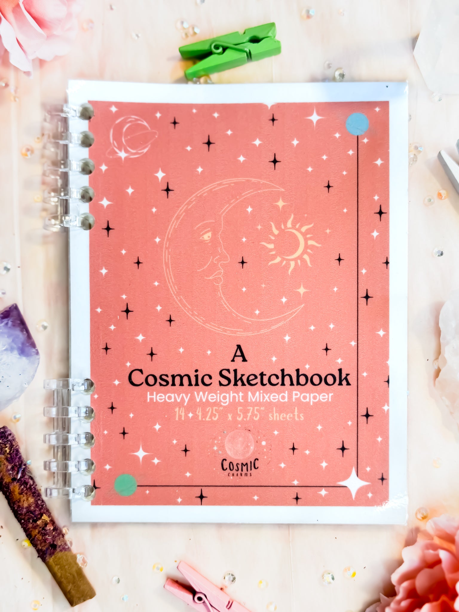 Cosmic Rose pink celestial sketchbook with pastel stars, 5x7 mini journal for artists.