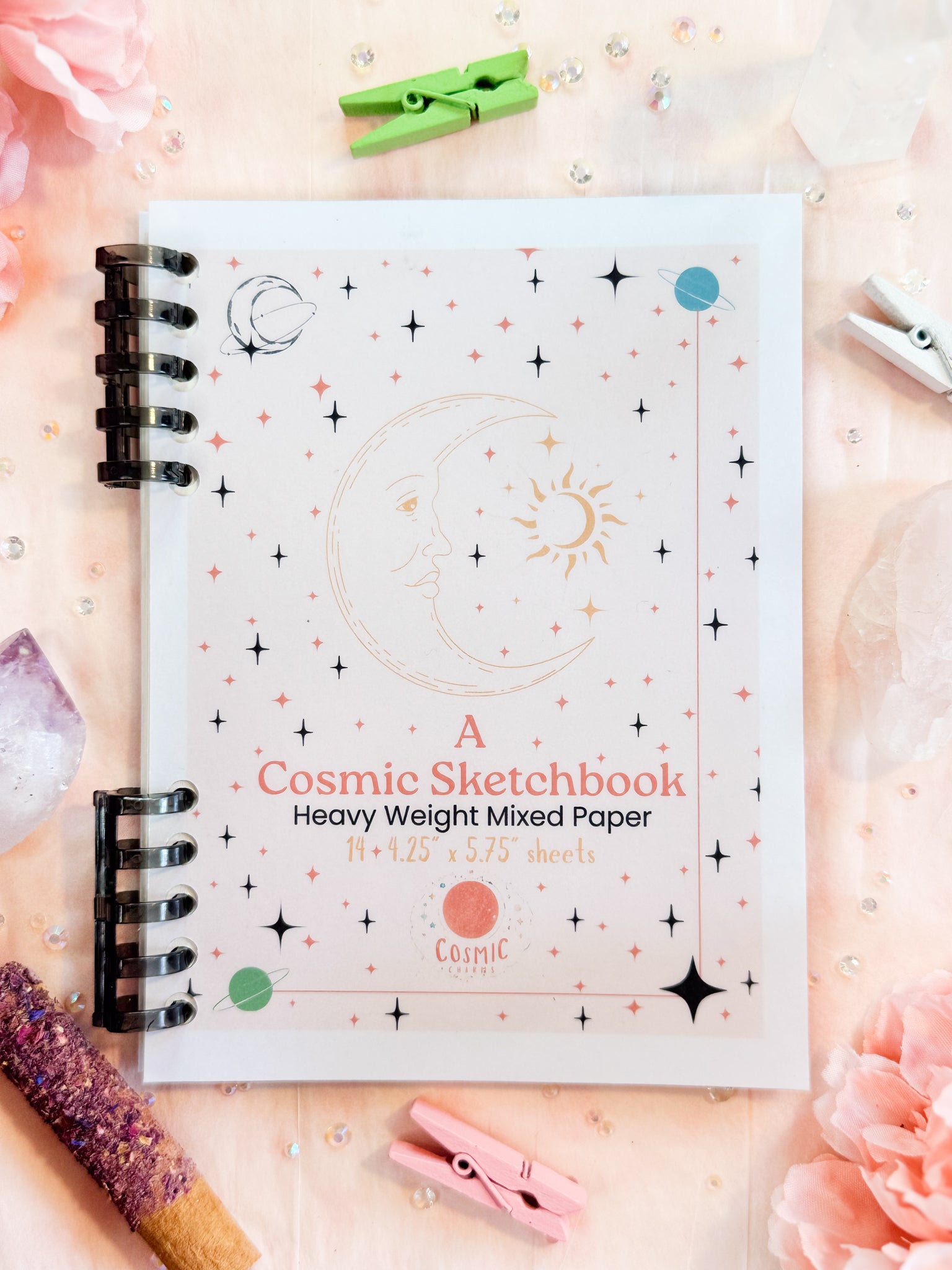 Moonbeam white cosmic sketchbook with stars and moon illustration, 5x7 handmade art journal.