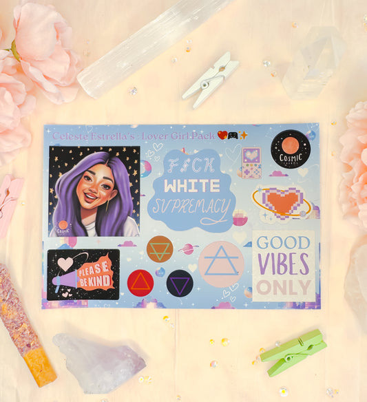Flatlay of Celeste Estrella’s Lover Girl 4x6 matte sticker sheet featuring cosmic art, affirmations, and zodiac elements.