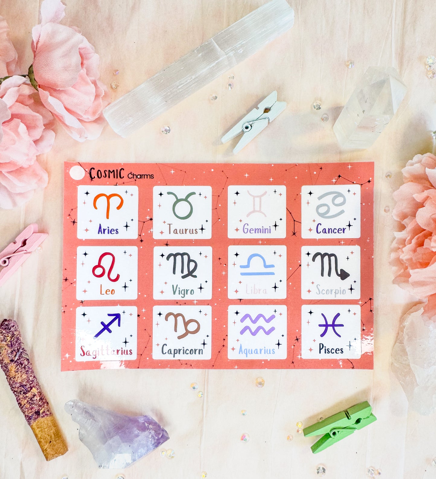 Zodiac sticker sheet showing glossy finish options on a celestial background