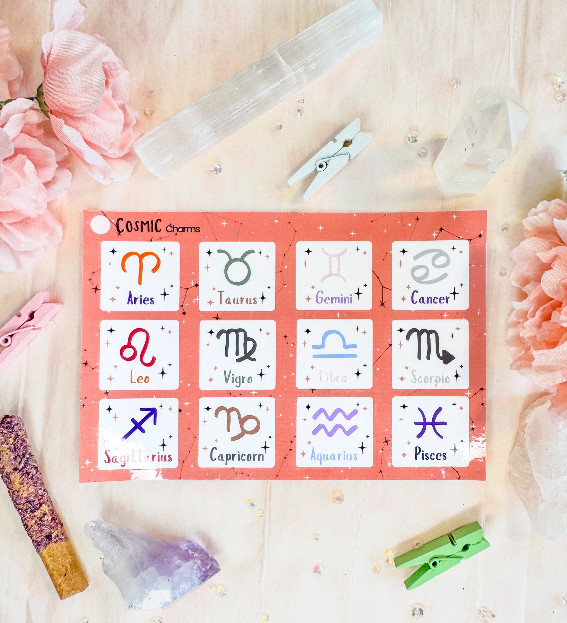 Zodiac sticker sheet showing glossy finish options on a celestial background