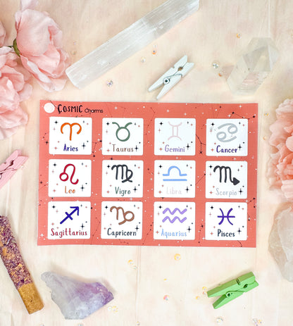 Zodiac sticker sheet showing matte finish options on a celestial background.